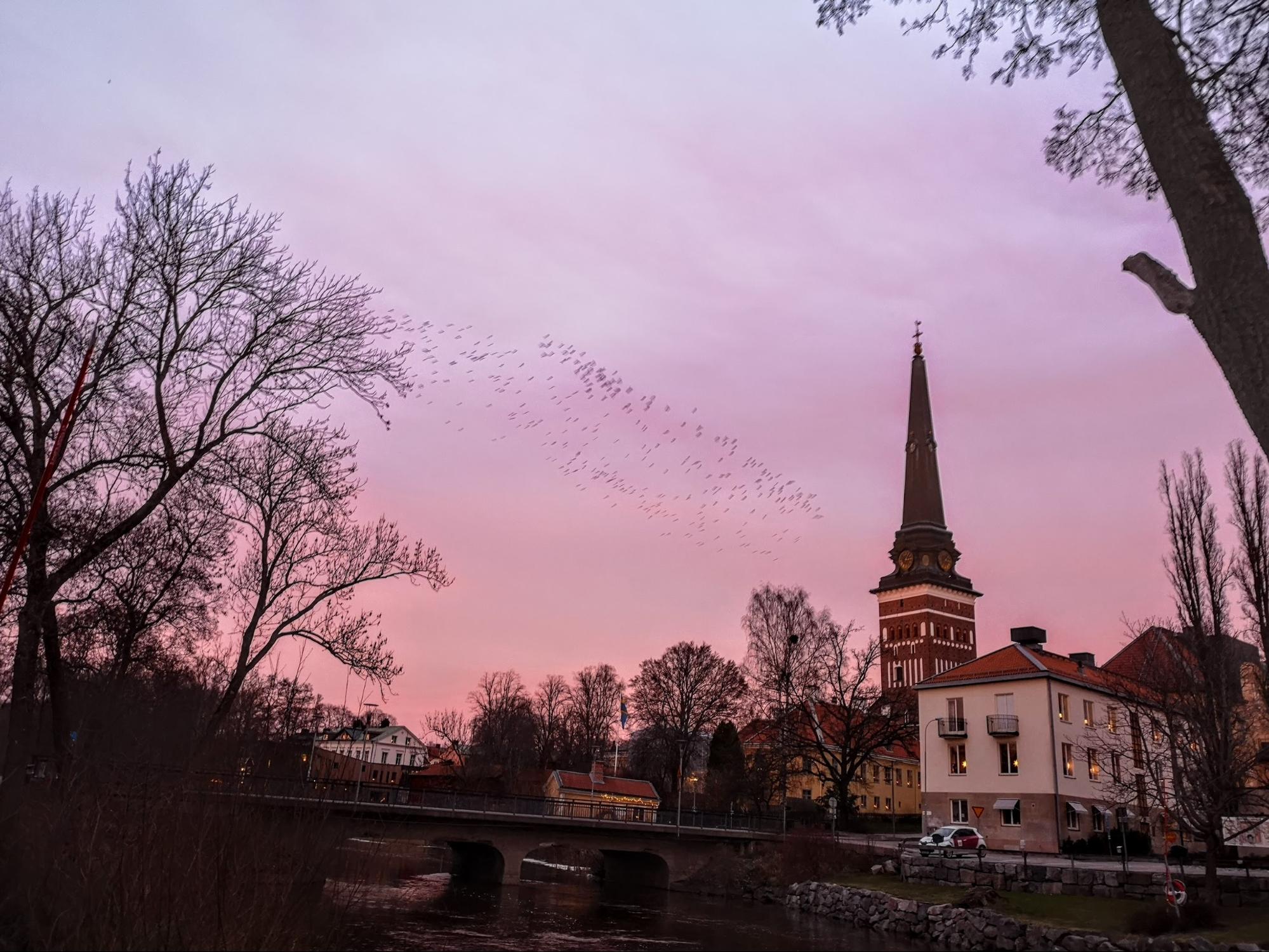 スウェーデンの暮らし スウェーデンの教会 ピンクの空が鮮やかな大聖堂から見る元旦の夕焼け