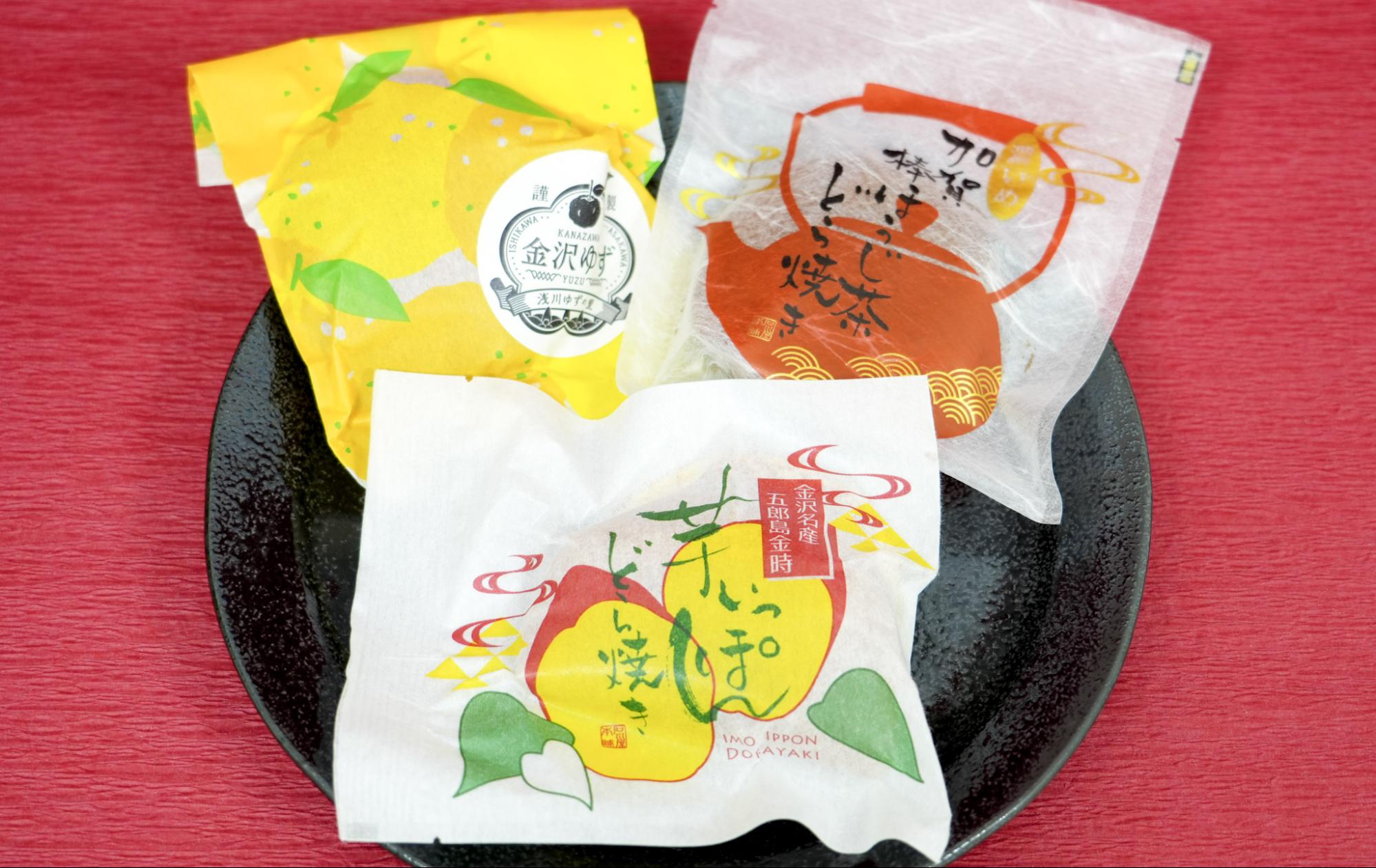 "Imo Ippon Dorayaki" "Kaga Stick Tea Dorayaki" "Kanazawa Yuzu Dorayaki"